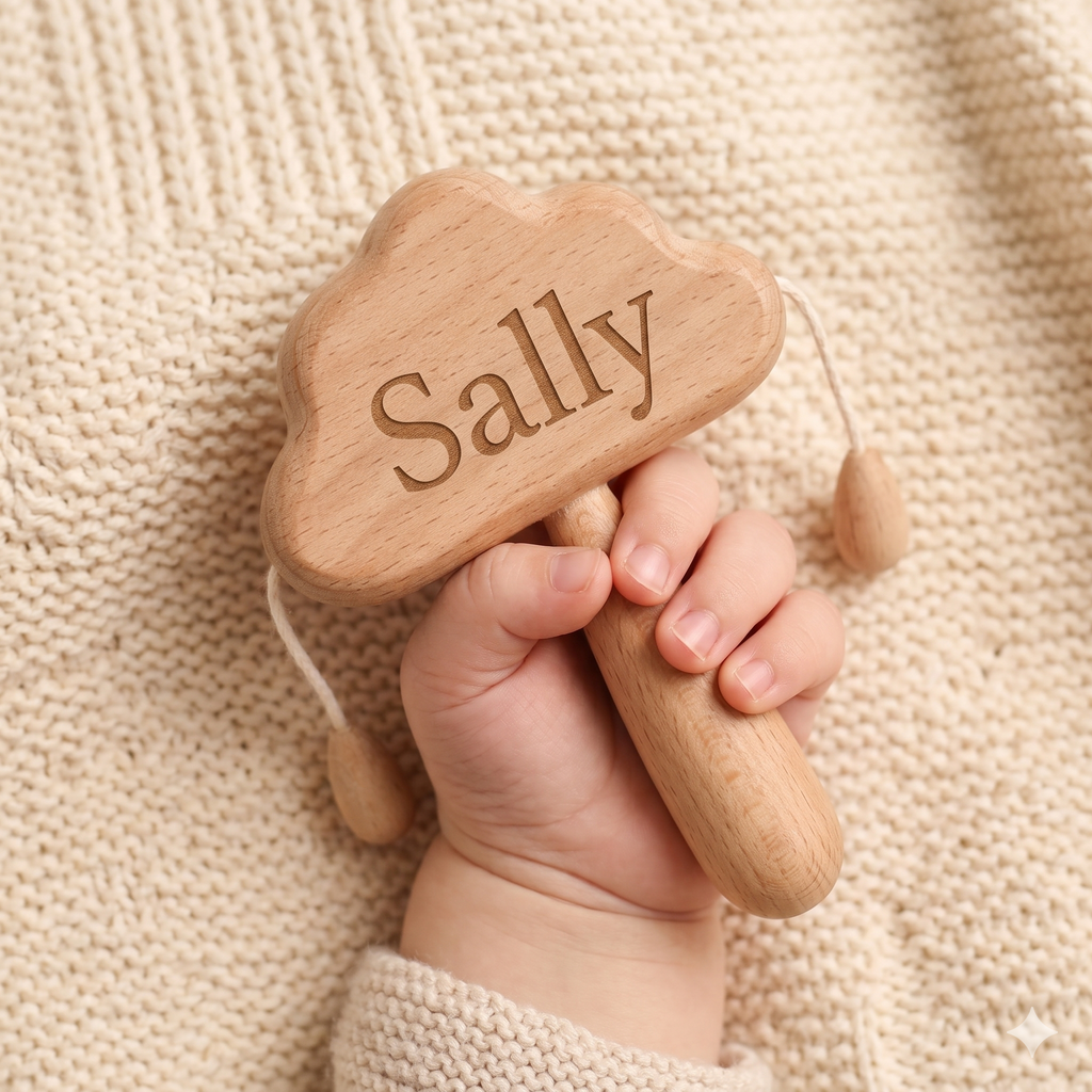 Personalized Cloud Wooden Baby Rattle – Name Sensory Toy